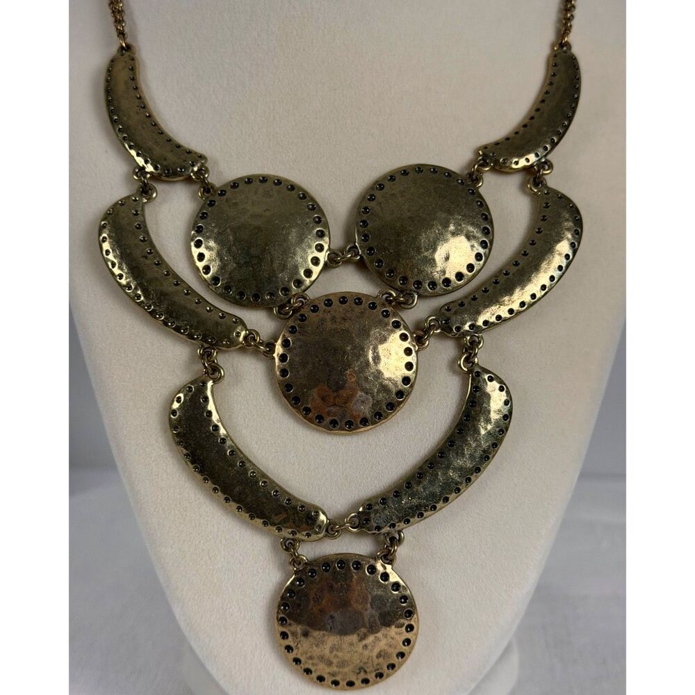 Vintage Lucky Brand Gold Reversible Hammered Disc Boho Statement Necklace